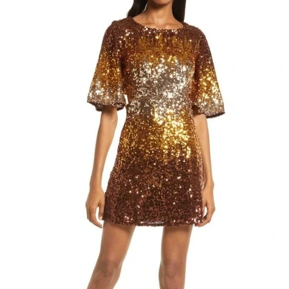 NEW French Connection Ombre Gold Sequin Cut‎ Out Dress Size 2 Flutter Sleeve